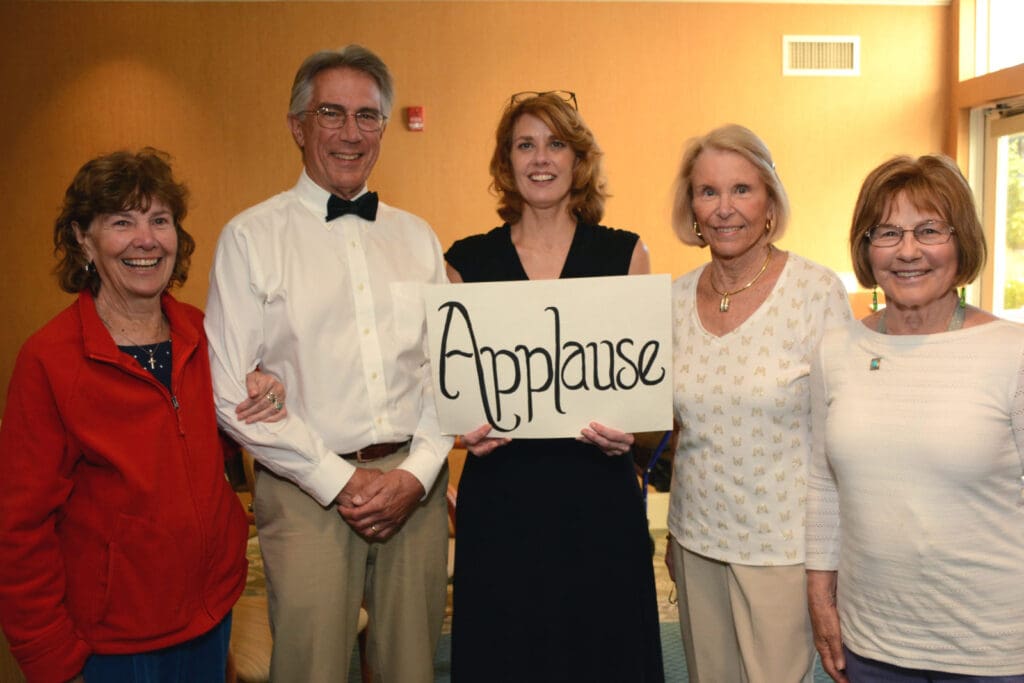 Enthusiastic Village at Proprietors Green audience members mingled with the TIC Network Actors, including (left to right) Arcely French, resident; Joseph Krein, actor, Jennifer Love, actress; Maura Rand, resident; and Nickie Pelzcar, resident of Village at Proprietors Green.