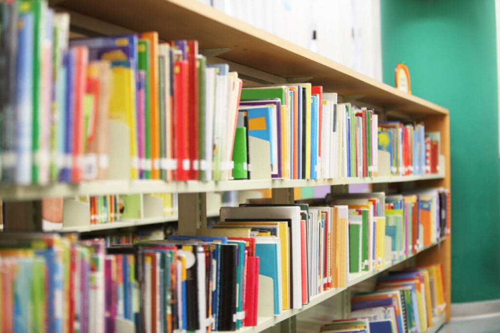 Shelves filled with colorful books