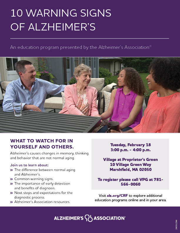 The Village At Proprietors Green will soon be hosting an educational program, presented by The Alzheimer's Association.