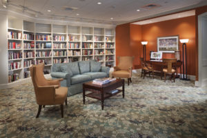 Senior living community living room and library