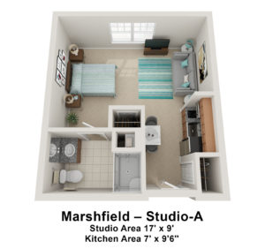 3D overhead view of Village at Proprietors Green Marshfield Studio A floor plan