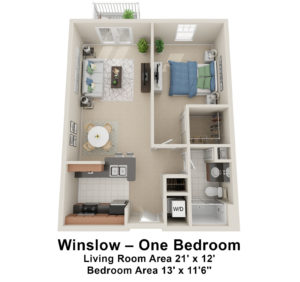 3D overhead view of Winslow One Bedroom apartment at Village at Proprietors Green