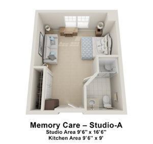 3D floor plan of Memory Care Studio A at Village at Proprietors Green