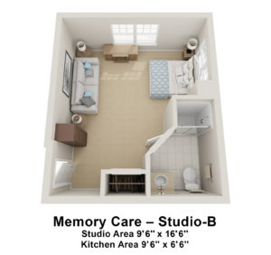 3D overhead view of Memory Care Studio B floor plan at Village at Proprietors Green